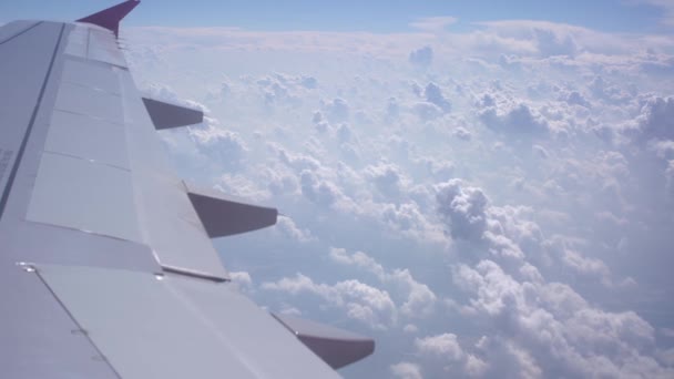 Wing of a flying plane over white cumulus clouds — Stock Video