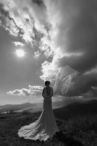 Νύφη με πέπλο κυματίζει στον άνεμο και ένα μακρύ λευκό φόρεμα στέκεται σε ένα βουνό στο φόντο της θάλασσας. Ασπρόμαυρη φωτογραφία. Πίσω όψη — Φωτογραφία Αρχείου