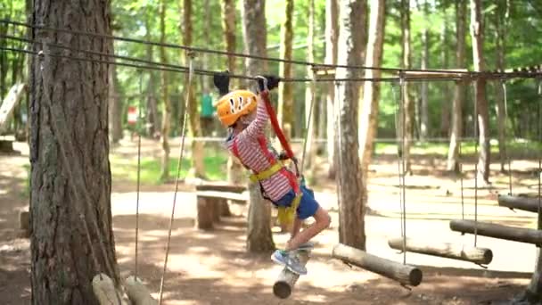 เด็กที่มีเข็มขัดนิรภัยปีนเชือกข้ามในสวนผจญภัย — วีดีโอสต็อก