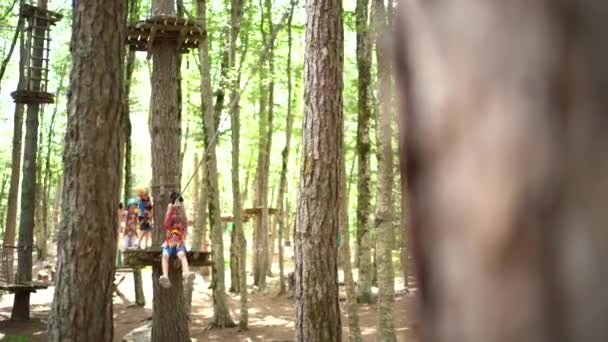Pojke med säkerhetslina rör sig på en zip linje mellan träd — Stockvideo