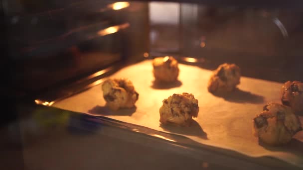 Biscoitos de chocolate americano está assando no forno — Vídeo de Stock