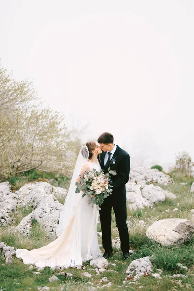 Groom embrasse mariée dans une robe longue avec un voile et un bouquet de fleurs sur le fond de rochers et de verdure — Photo