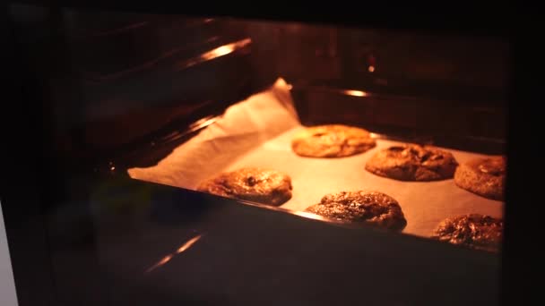 Biscoitos de chocolate americano assar no forno — Vídeo de Stock