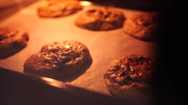 Biscoito de chocolate americano aumenta durante o cozimento do forno — Vídeo de Stock