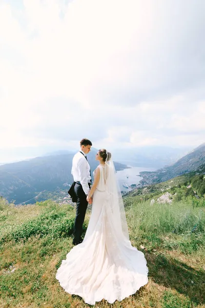 Pareja de boda se toman de la mano en la parte superior del Monte Lovcen contra el telón de fondo de la bahía de Kotor. Montenegro —  Fotos de Stock