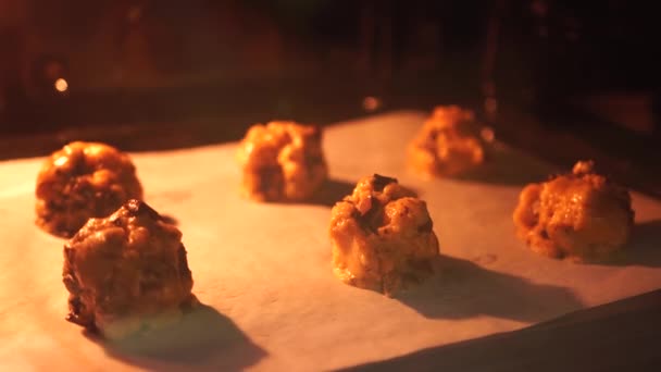 Μπάλες ζύμης μπισκότων λιώνουν στο φούρνο και σχηματίζουν ένα στρογγυλό σχήμα — Αρχείο Βίντεο
