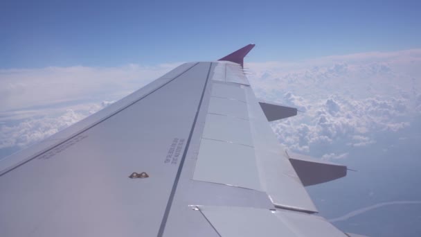 Szare skrzydło latającego samolotu nad białymi chmurami. Widok z otworu — Wideo stockowe