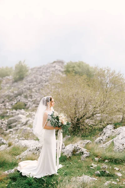 Novia en un vestido blanco largo con un velo y un ramo de flores se levanta sobre el telón de fondo de un paisaje rocoso y verde —  Fotos de Stock