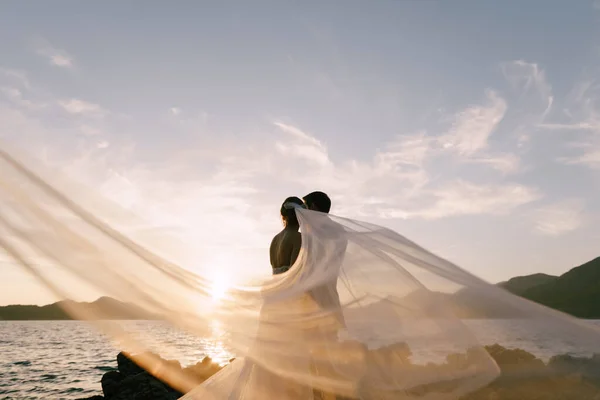 Groom étreint mariée dans un voile flottant dans le vent sur le bord de la mer rocheuse — Photo