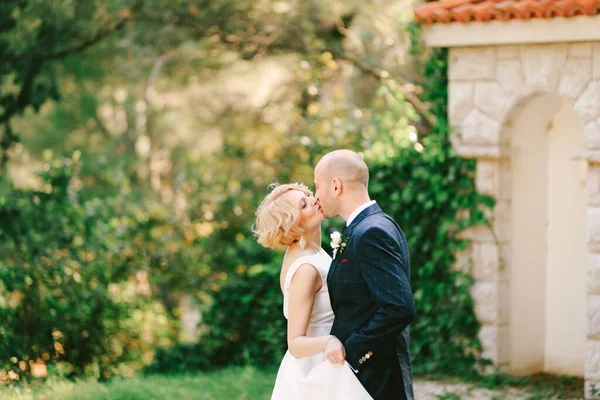 Brilho em um terno preto beija noiva em um vestido branco contra o fundo de um parque verde e portões de pedra — Fotografia de Stock