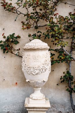 Duvarın arka planında desenler olan taş vazo. Villa Manastırı, İtalya