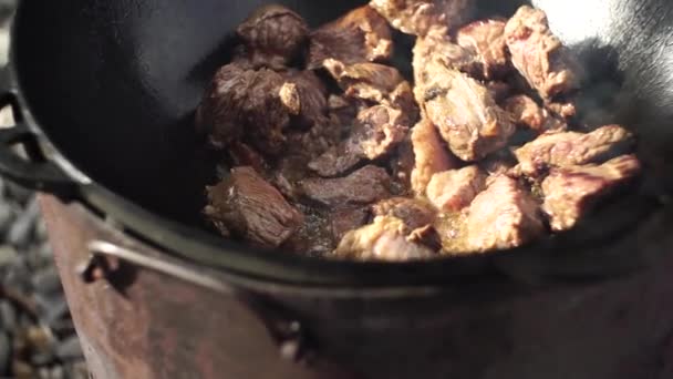 उझ्बेक पिलाफसाठी मांस एक कोल्ड्रोनमध्ये आग ओलांडले जाते — स्टॉक व्हिडिओ
