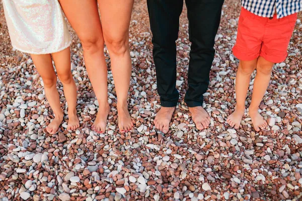 Pantolon giymiş çıplak bir adam, bir kadın, elbise giymiş küçük bir kız ve çakıl taşı plajında duran şortlu bir çocuk. Yakın plan.