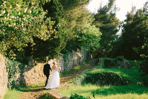 Friss házasok sétálnak az ösvényen, kéz a kézben egy kőfal mentén egy zöld parkban. Visszanézés — Stock Fotó