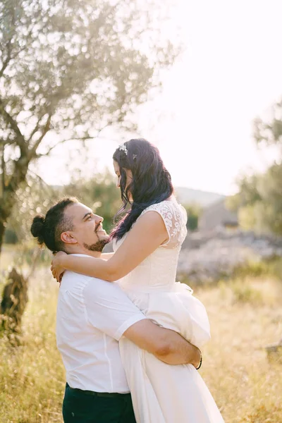 Sposo tiene sposa tra le braccia sullo sfondo di alberi sul prato — Foto Stock