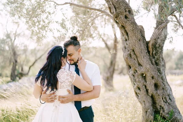 Pengantin pria memeluk pengantin wanita saat berdiri di dekat pohon di taman — Stok Foto