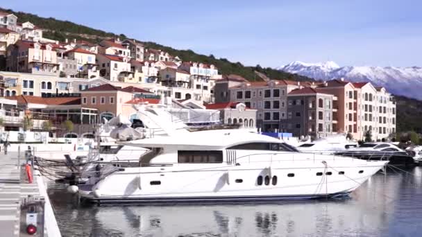 Пришвартованные яхты и лодки в гавани залива Луштица на фоне красочных домов — стоковое видео
