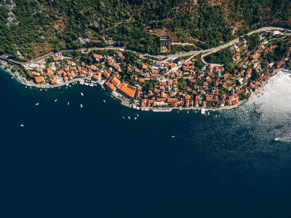 Aerial view of the red roofs of the ancient town of Perast. Montenegro — Stock Photo, Image
