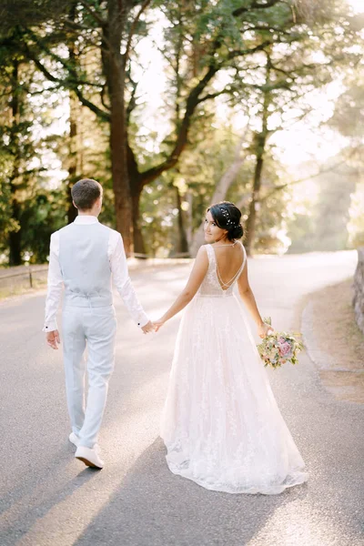 花嫁と徒歩オリーブの森の木々の間の道路に手を取り、バックビュー — ストック写真