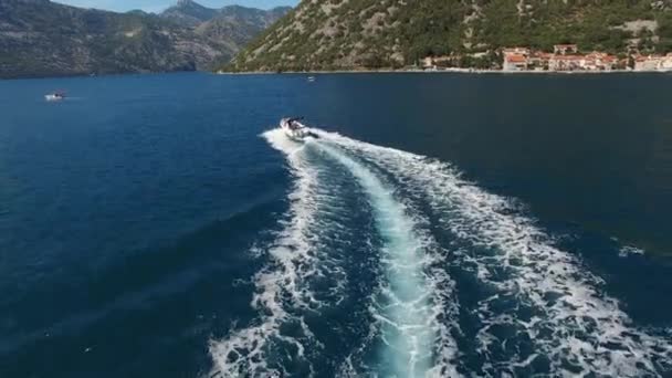 Motorboot vaart langs de baai van Kotor tegen de achtergrond van groene bergen — Stockvideo