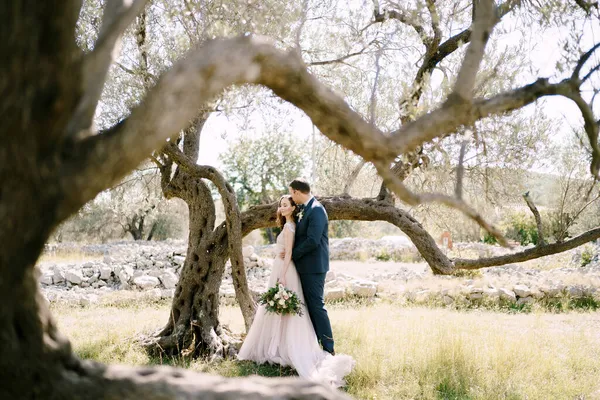 Serre la mariée dans ses bras avec un bouquet près d'un arbre dans un bosquet — Photo