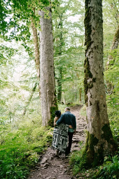 La mujer está caminando abrazando a un hombre entre los árboles en un parque verde. Vista trasera —  Fotos de Stock