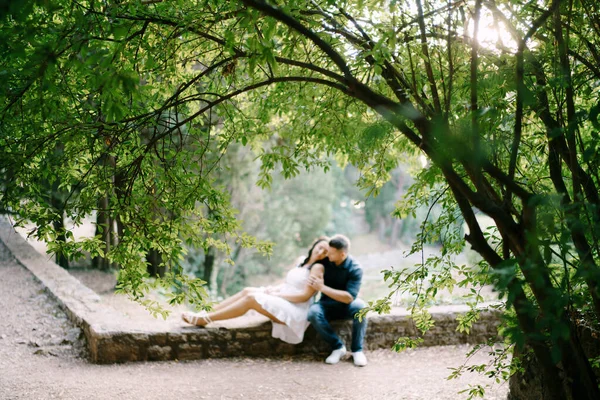 Чоловік обіймає жінку, сидячи на кам'яній межі в зеленому парку — стокове фото
