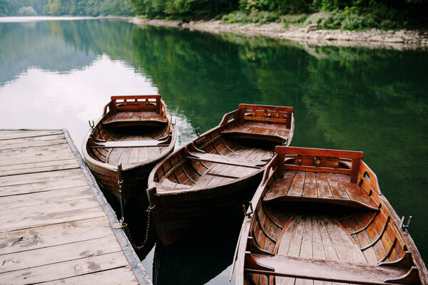 Row of boats on the lake in the Biogradska Gora park. Montenegro