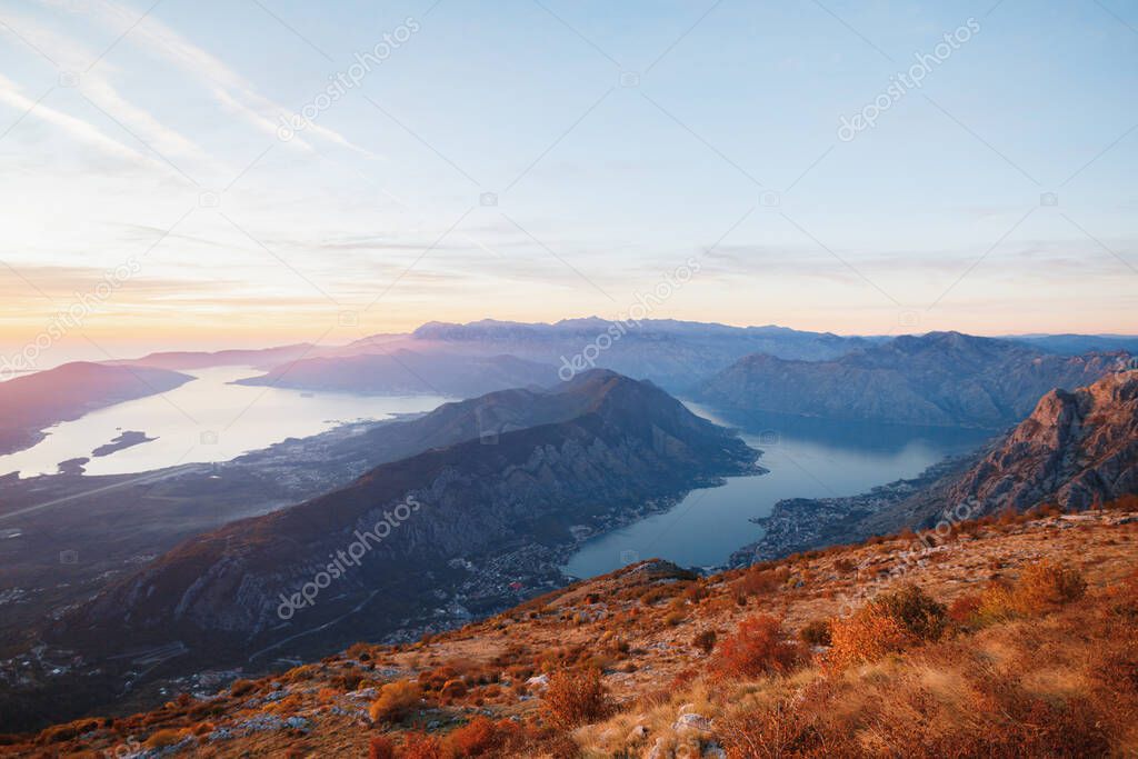 Beautiful sunset over the mountains around the Kotor Bay. Mount Lovcen