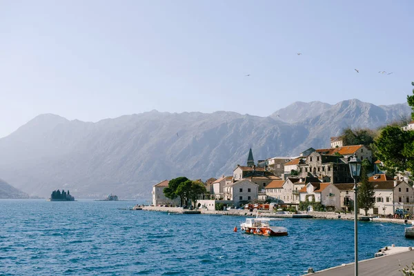 Arka planda dağlar olan Perast Sahili. Karadağ