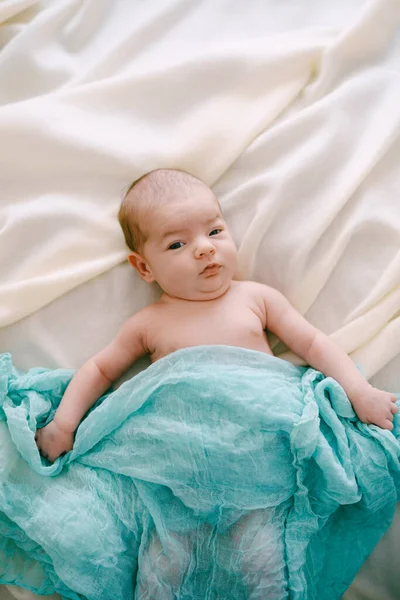 Newborn lies with open eyes on a beige blanket covered with a blue scarf — Stock Photo, Image