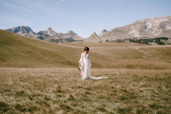 Fille dans une robe blanche avec un tambourin dans ses mains se tient dans un champ — Photo
