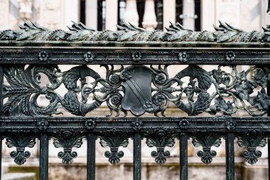 Milano 'daki Duomo Katedrali' nin yanında dikenleri, kalkanları, çiçekleri ve bukleleri olan antika dövmeli demir çitler.