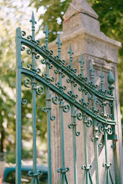 Green wrought iron metal gate in the garden — Fotografia de Stock