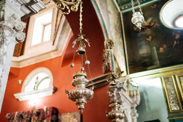 Censers hang on chains from the ceiling in the Church of Our Lady of the Rocks — Stock Photo, Image