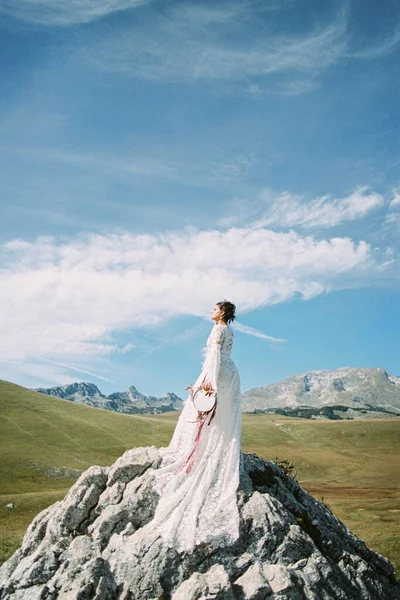 Menina com um tamboril fica em pedras contra o pano de fundo das montanhas Fotos De Bancos De Imagens