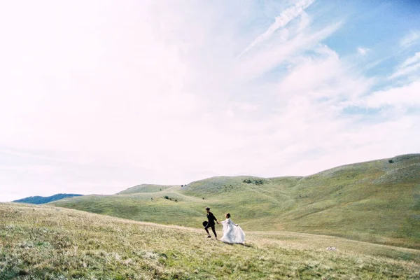 Sposa e sposo camminano tra le verdi montagne tenendosi per mano — Foto Stock