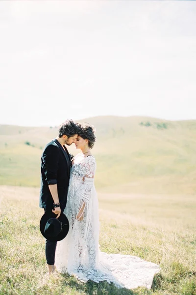 Groom presque embrasser mariée debout sur une pelouse verte dans le contexte des montagnes — Photo