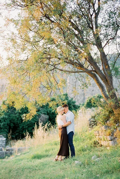 Homem abraça mulher enquanto está em pé junto a uma árvore no parque — Fotografia de Stock