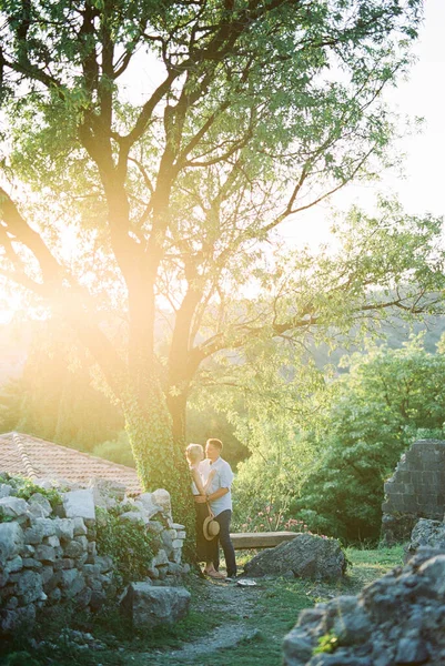 Mann umarmt Frau an mit Efeu bedecktem Baum zwischen Steinen im Park — Stockfoto