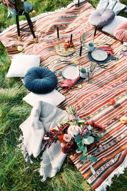 Yeşil çimlerde yastıklı, çiçekli ve çanak çömlekli ev yapımı yatak örtüsü. Üst görünüm