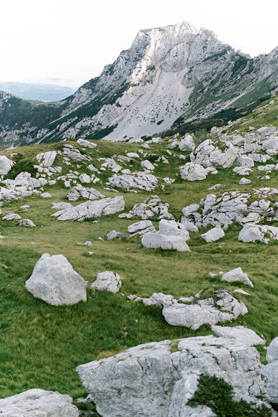 Huge gray boulders on the lawn at the foot of the mountains Stock Image