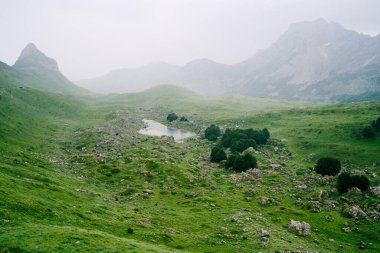Durmitor Milli Parkı 'ndaki sisli bir vadide küçük bir göl.