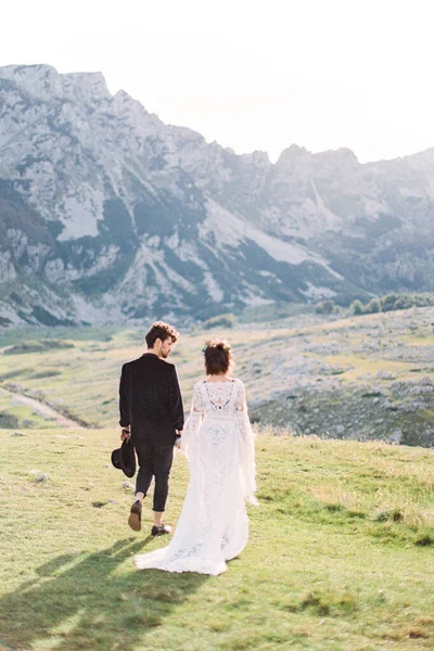 Noiva e noivo caminham pelo vale da montanha. Visão traseira — Fotografia de Stock