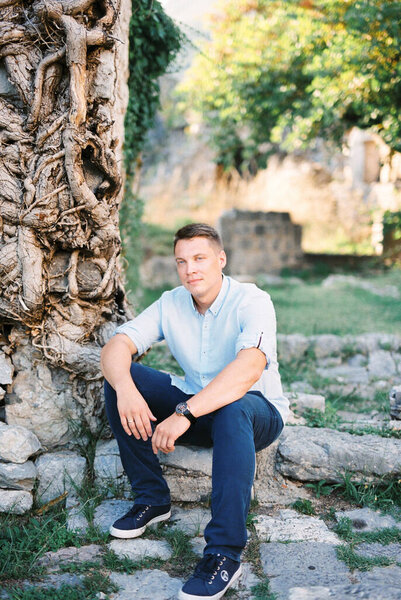 Young man sits on stone steps near old tree Stock Image