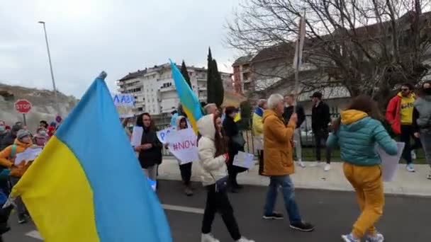 Podgorica, Montenegro - 06.03.22: Muitas pessoas no comício perto da embaixada da Federação Russa. — Vídeo de Stock