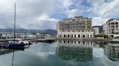 Marina with moored yachts near the Regent Hotel. Porto, Montenegro. High quality FullHD footage