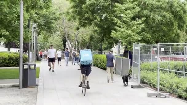 Fietskoerier Rijdt Stoep Een Groen Park Hoge Kwaliteit Beeldmateriaal — Stockvideo