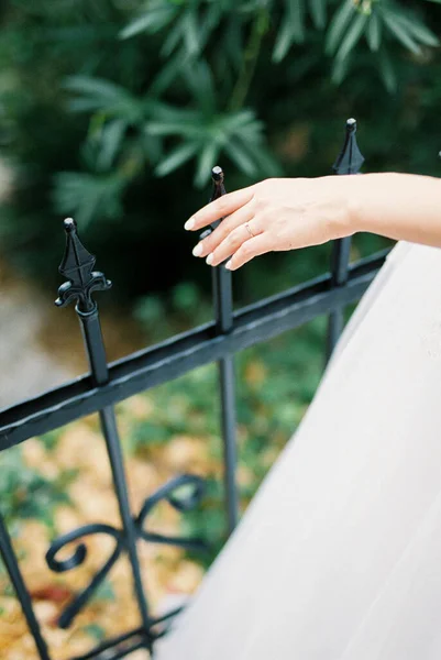 Bride Touches Forged Fence Green Garden Her Hand Close High — Photo
