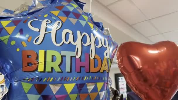 Inflatable Balloons Inscriptions Ceiling Captions Happy Birthday High Quality Footage — Vídeo de Stock
